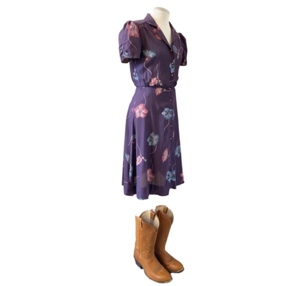 VINTAGE - PURPLE HIBISCUS PRINT DRESS - Picture 2 of 9